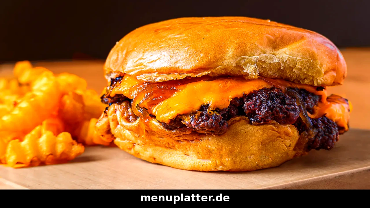 McDonald's Speisekarte Preise mit Smash-Cheeseburger, geschmolzenem Cheddar und Wellenpommes auf einem Holzbrett