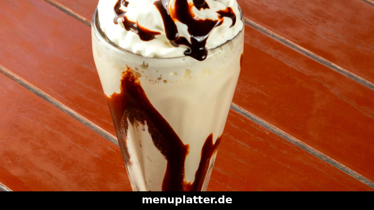 Milkshake Preise Deutschland mit cremigem Vanille-Milchshake, Sahnehaube und Schokosauce im hohen Glas