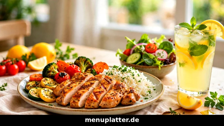 Mittagsmenü Preise Deutschland mit Mittagsteller, frischem Salat und Getränk auf einem hellen Restauranttisch