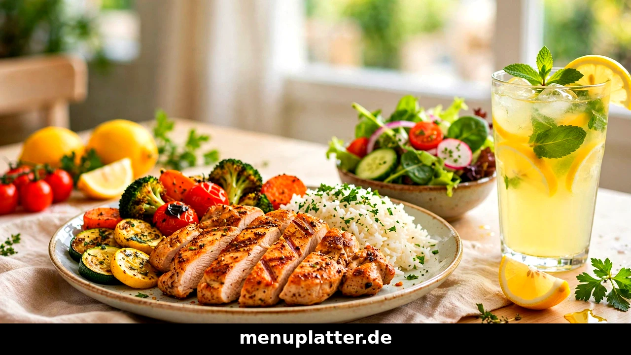 Mittagsmenü Preise Deutschland mit Mittagsteller, frischem Salat und Getränk auf einem hellen Restauranttisch
