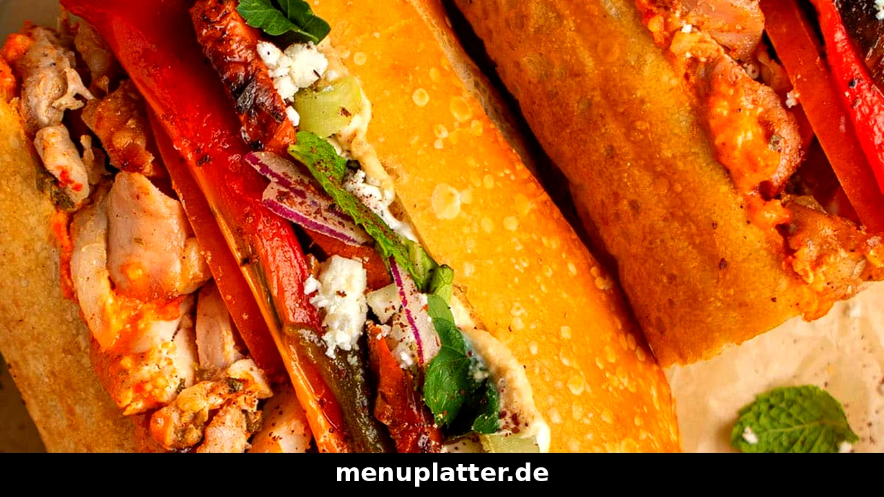Mustafa's Gemüse Kebap Preise mit zwei Chicken Kebaps, Grillgemüse, Feta und frischen Kräutern im knusprigen Brot