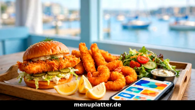 Nordsee Gutscheine in der App mit Backfischbrötchen, Fischstäbchen und Garnelen auf einem Tablett am Hafen
