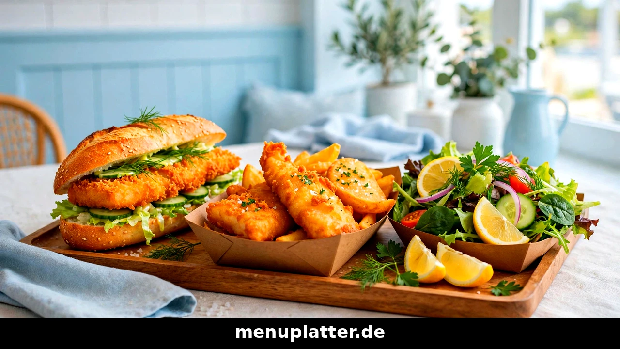 Nordsee Kalorien Nährwerte mit Backfisch-Baguette, Fish & Chips und frischem Salat auf einem Tablett
