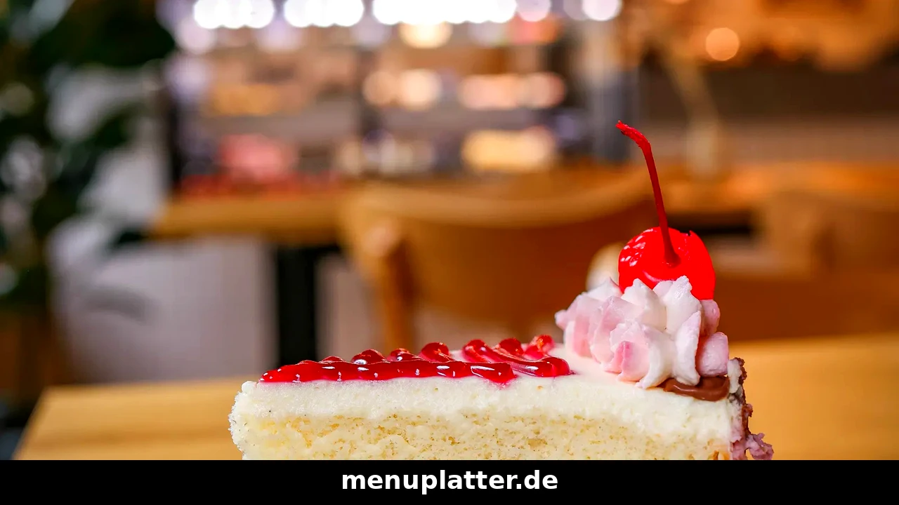 Pappert Preise mit einem Stück Kirsch-Sahnetorte und Cocktailkirsche auf einem Teller im Bäckerei-Café