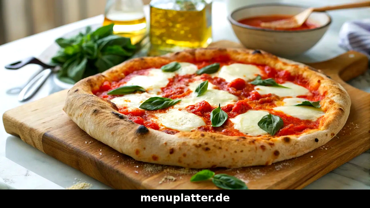 Pizza Hut Speisekarte PDF mit Pizza Margherita mit Mozzarella und Basilikum auf einem Holzbrett