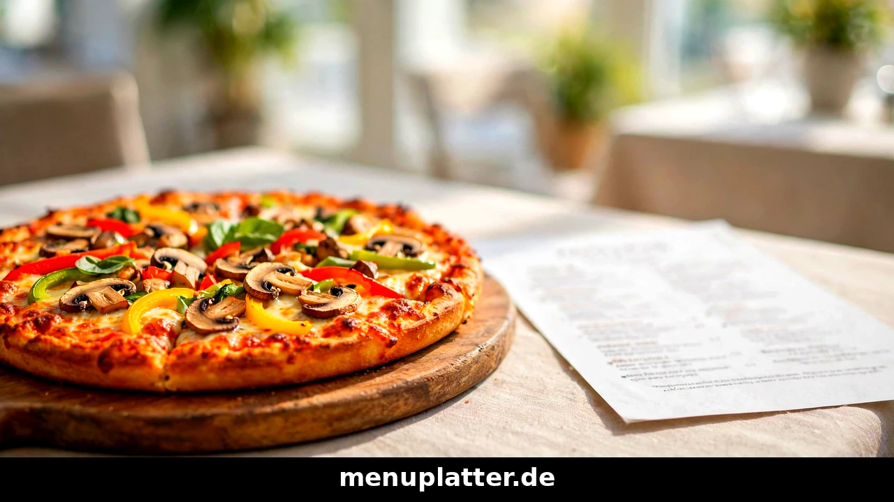 Pizza Hut Speisekarte PDF mit Pizza neben einem ausgedruckten Speiseplan auf hellem Tisch