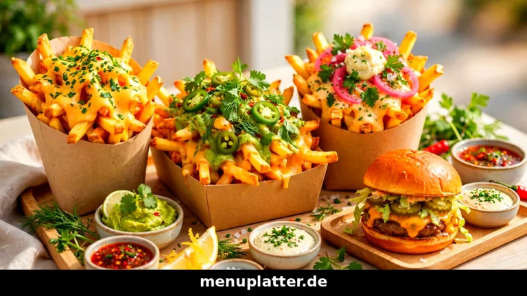 Pommes Freunde Preise mit frisch geschnittenen Pommes frites, Smash Burger und Loaded Fries auf einem Tablett