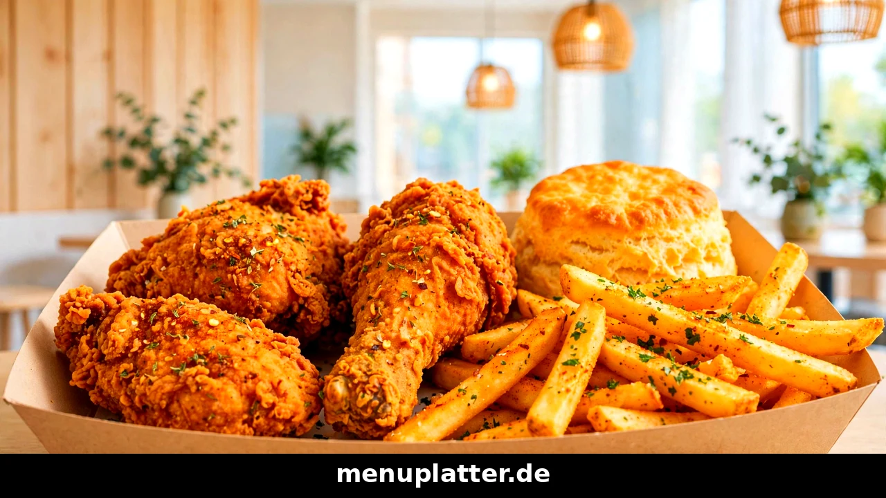 Popeyes Preise Deutschland mit knusprigem Louisiana Fried Chicken, Cajun Fries und Biscuit am Flughafen Düsseldorf