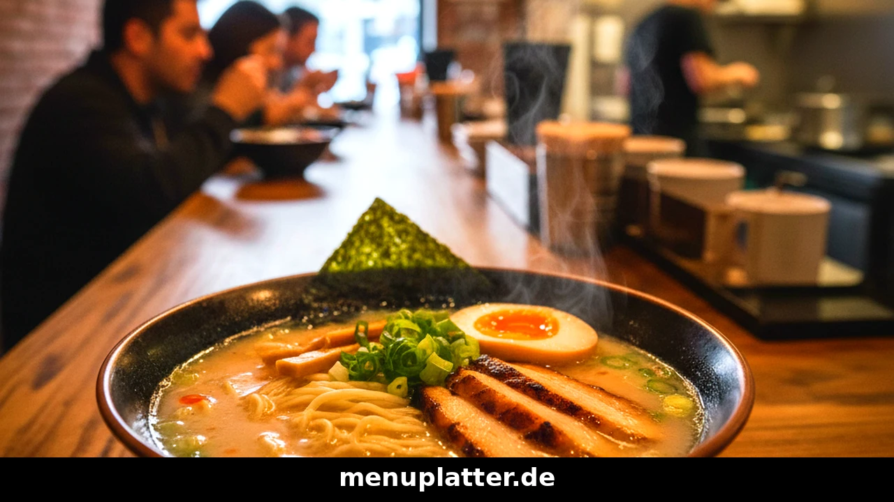 Ramen Preise Stuttgart mit cremiger Tonkotsu-Schale, Ni-Tamago-Ei, Chashu und Frühlingszwiebeln in einer Stuttgarter Ramen-Bar
