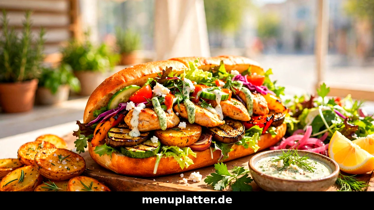Rüyam Gemüse Kebab Preise für Gemüse Kebab mit Hähnchen, Bratkartoffeln, Grillgemüse und Feta im knusprigen Brot in Berlin-Schöneberg