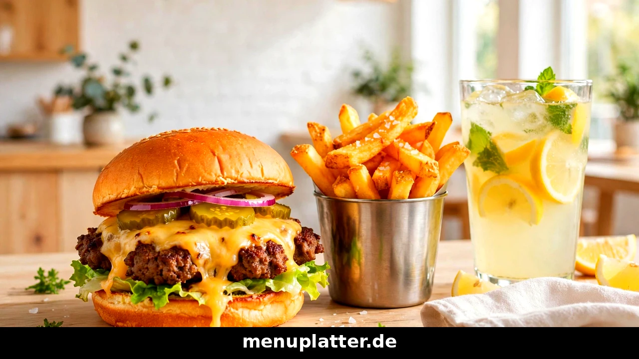 Ruff's Burger Speisekarte Preise mit knusprigem Smash Burger, Belgischen Pommes und hausgemachter Limonade auf einem Holztisch