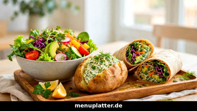 Salädchen Preise mit selbst zusammengestelltem Salat, Ofenknolle mit Kräuterquark und Wickel auf einem Tablett in einer Salädchen Filiale