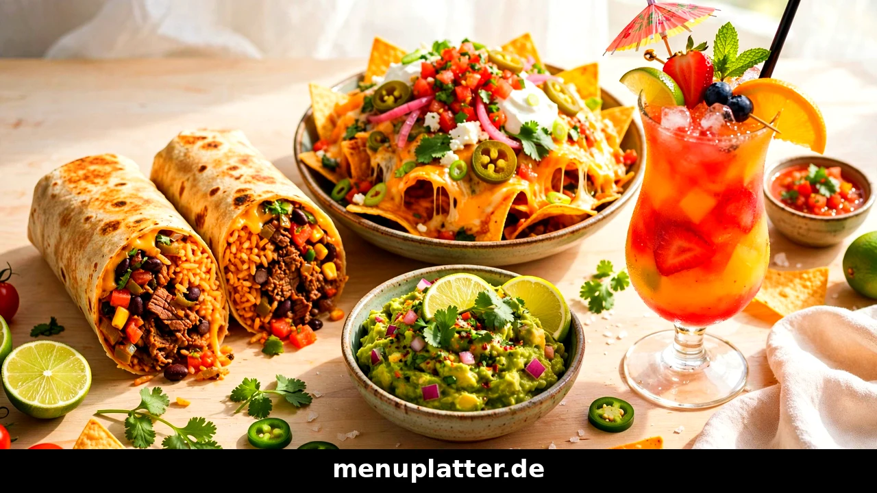 Sausalitos Speisekarte Preise mit Burrito, Nachos, Guacamole und einem großen Jumbo-Cocktail auf einem hellen Holztisch