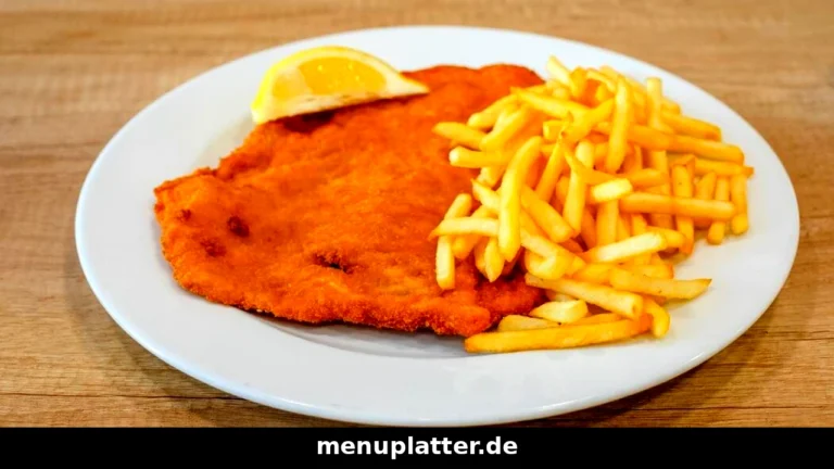 Schnitzel Preise in Deutschland mit goldbraun paniertem Schnitzel, Pommes frites und Zitronenscheibe auf einem hellen Teller