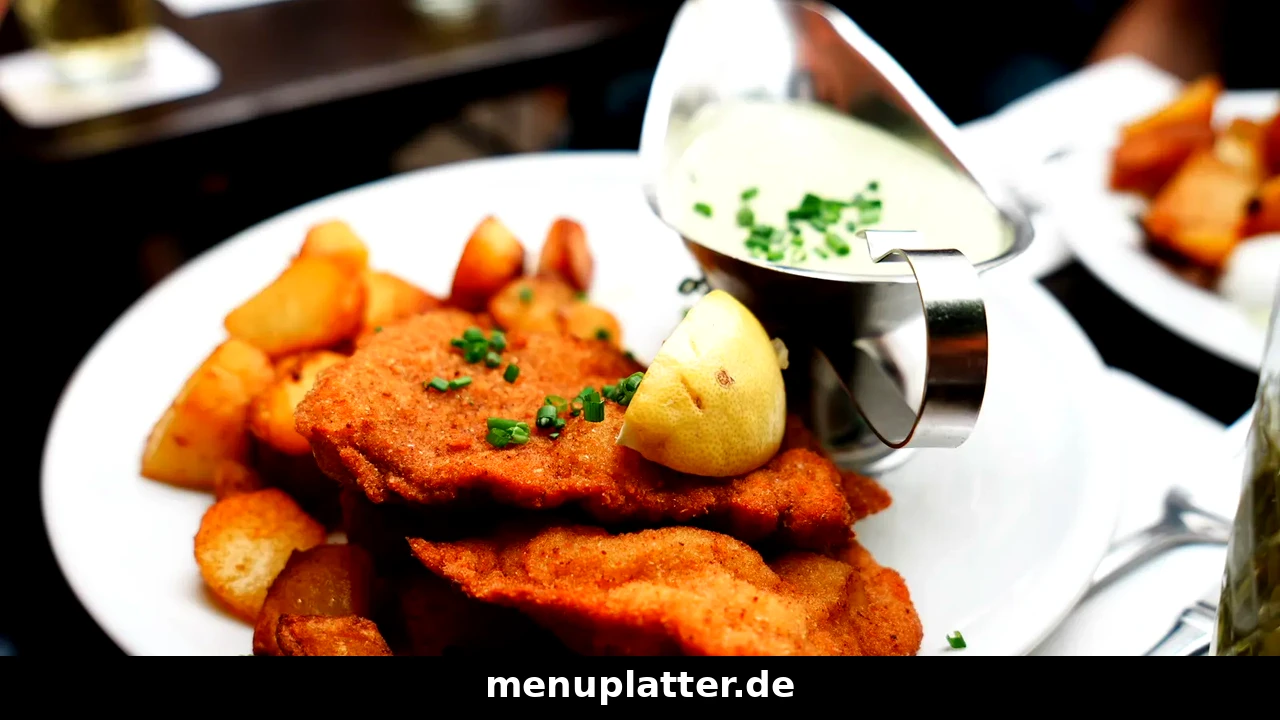 Schweinske Speisekarte Preise mit paniertem Schnitzel, Zitrone, Bratkartoffeln und Sauce in einem Saucenschiffchen