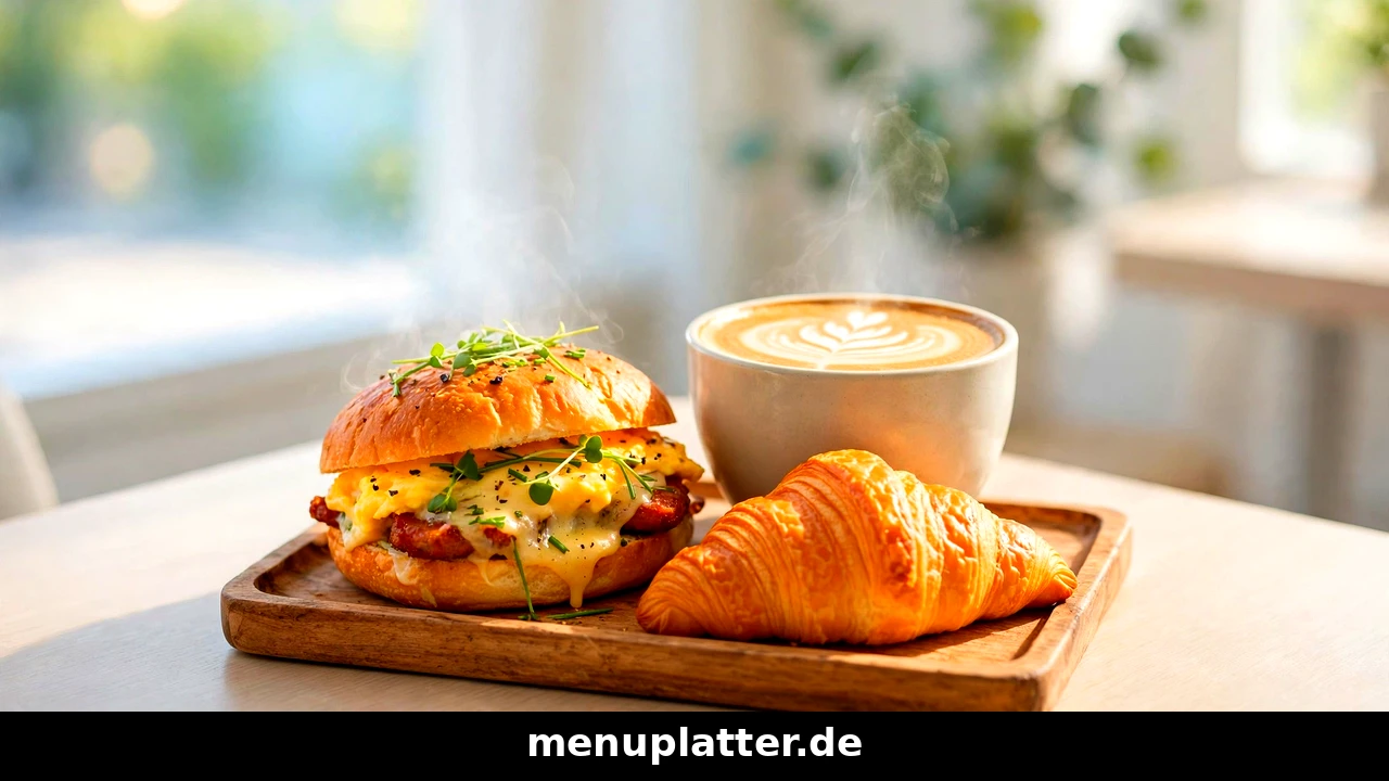 Starbucks Frühstück Preise mit Kaffee, Croissant und Frühstücks-Sandwich auf einem hellen Café-Tisch