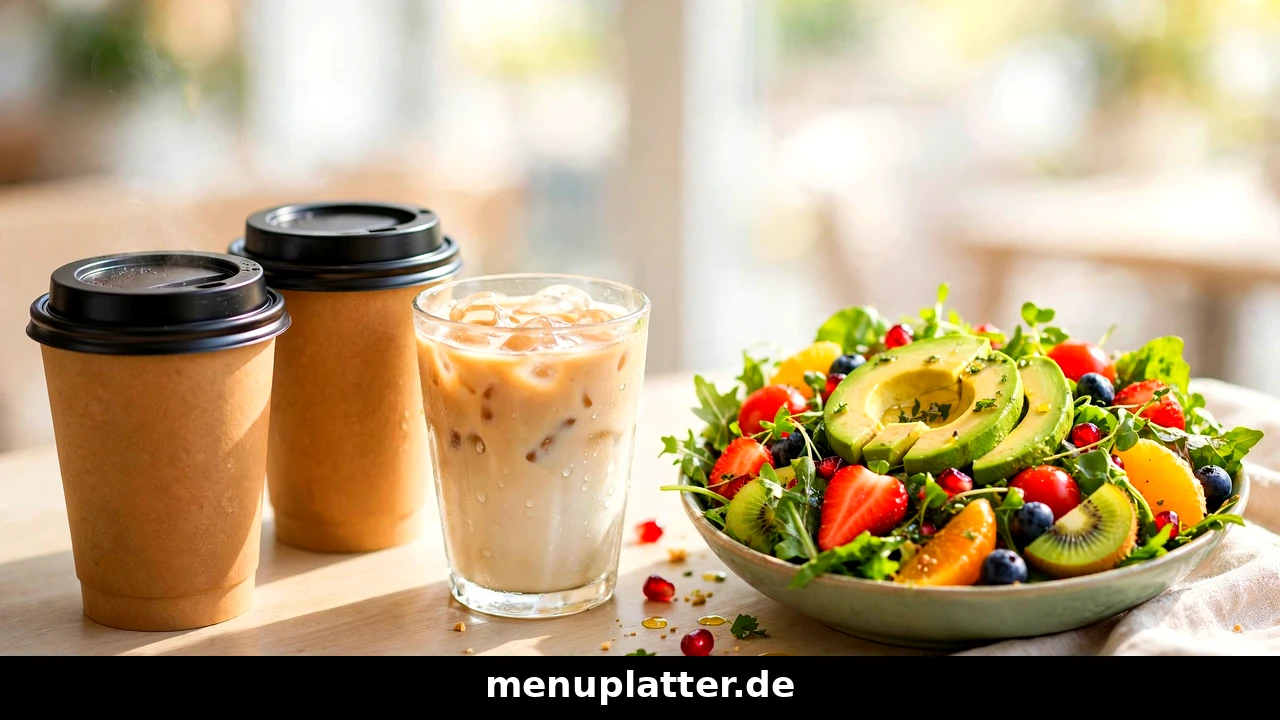 Starbucks Kalorien & Nährwerte mit Kaffeebechern, frischem Salat und Obst im hellen Vergleich