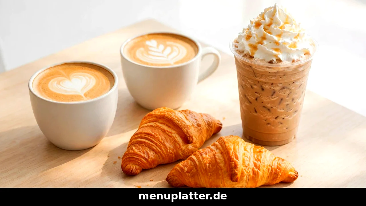 Starbucks Preise Deutschland mit Caffè Latte, Frappuccino und Gebäck auf einem Café-Tisch