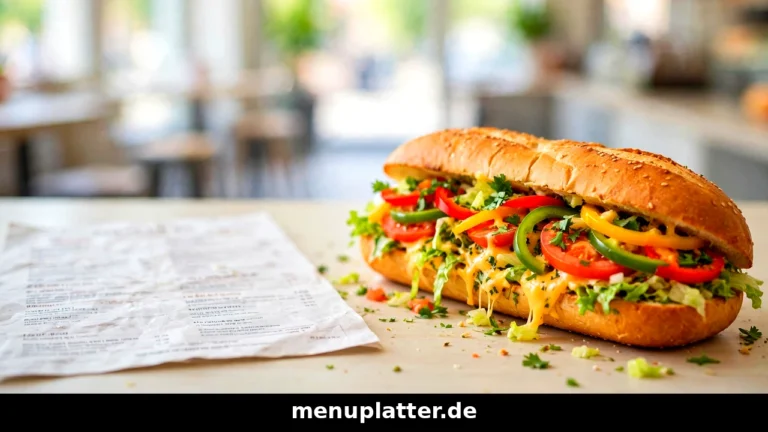 Subway Speisekarte PDF mit frisch belegtem Sub Sandwich neben einem ausgedruckten Speisekarten-Blatt, hell fotografiert