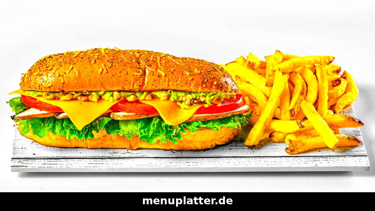 Subway Speisekarte Preise mit frischem Sub, Käse, Tomate, Salat und goldenen Pommes frites auf weißem Brett