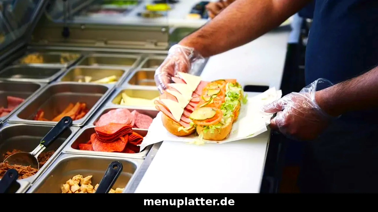 Subway Preise Stuttgart mit einem Mitarbeiter, der an der Zutaten-Theke ein Sub mit Schinken, Käse und Gemüse belegt