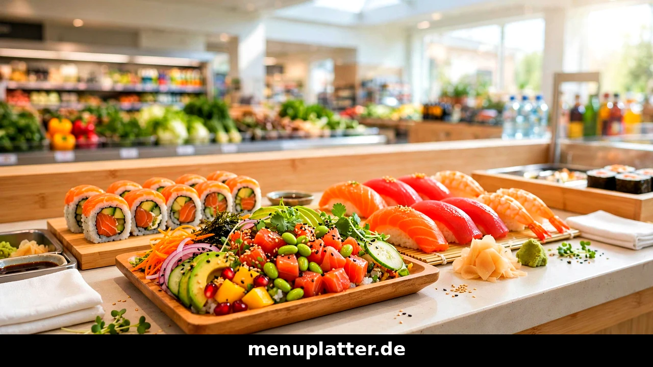 Sushi Daily Preise mit frisch gerollten Maki, Nigiri und einer Poke Bowl am Sushi-Kiosk im Supermarkt