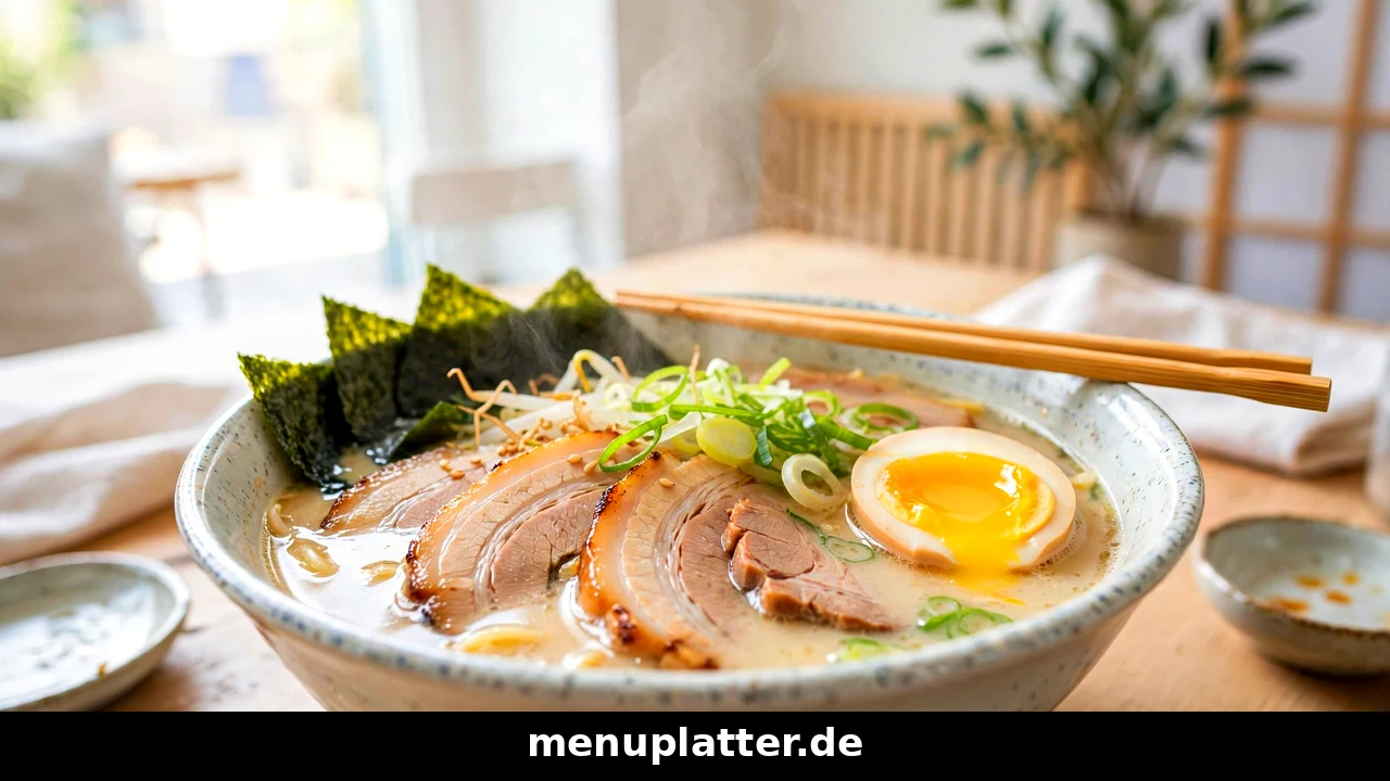 Takumi Ramen Preise mit dampfender Tonkotsu-Ramen-Schale, weichem Ei, Chashu und Frühlingszwiebeln in Düsseldorf