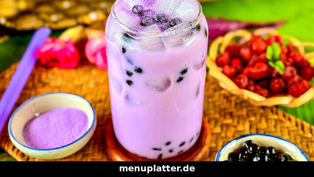 The Alley Preise Deutschland mit lila Taro Bubble Tea, Eiswürfeln und Tapioka-Perlen in kleinen Schalen