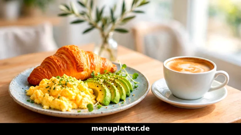 Wilma Wunder Speisekarte Preise mit Frühstücksteller aus Croissant, Rührei und Avocado neben einer Tasse Kaffee Crema