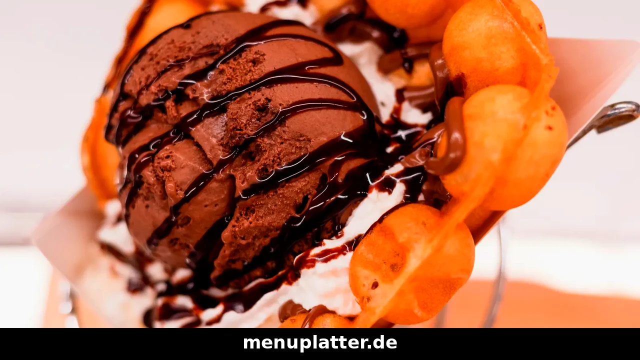 Wonder Waffel Preise mit Bubble-Waffel, Schokoladeneis, Sahne und Schokosoße in Nahaufnahme