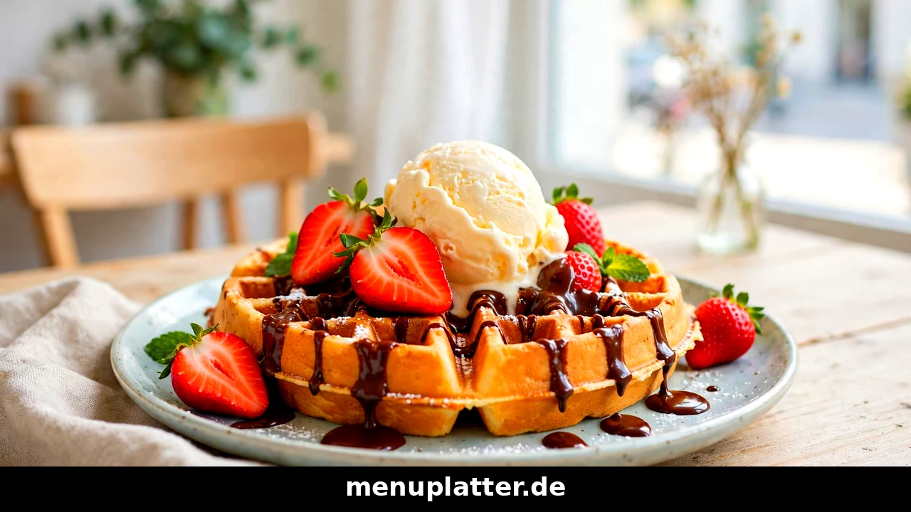 Wonder Waffel Preise mit frisch gebackener Waffel, Erdbeeren, Schokosoße und Eis in einem Berliner Café
