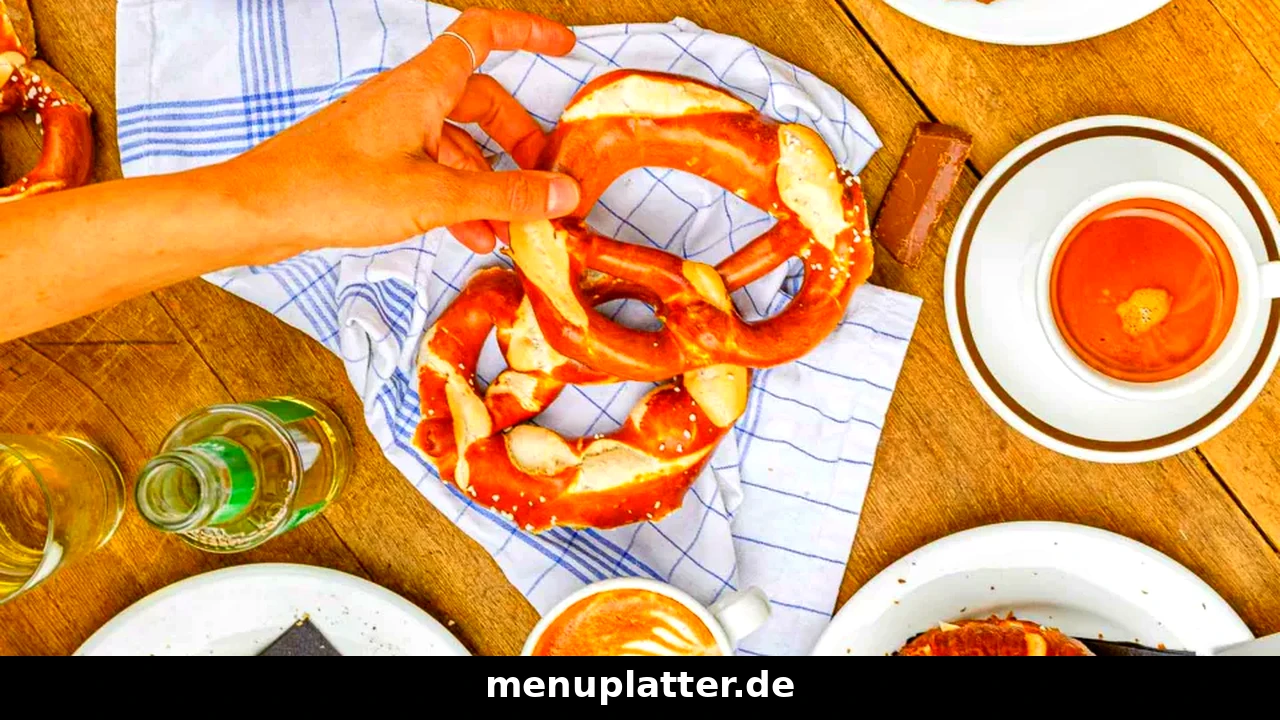 Yorma's Preise mit frischen Brezeln, Kaffee und belegten Snacks auf einem Holztisch von oben