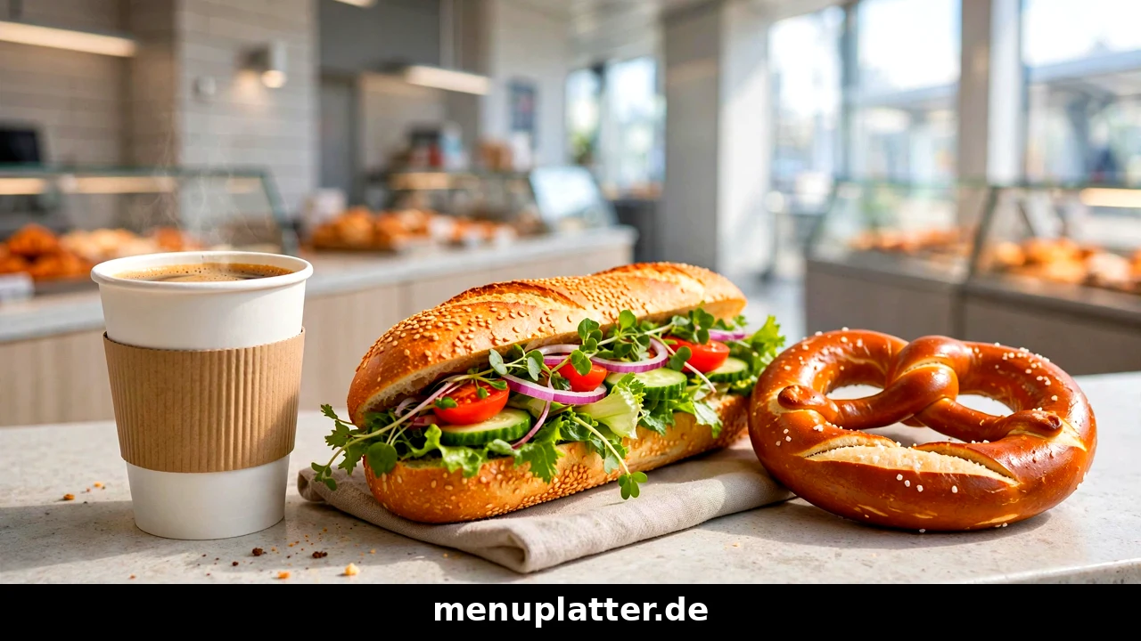 Yorma's Preise mit Kaffee im Becher, belegtem Baguette und Brezel an einer Bahnhofstheke kurz vor der Abfahrt